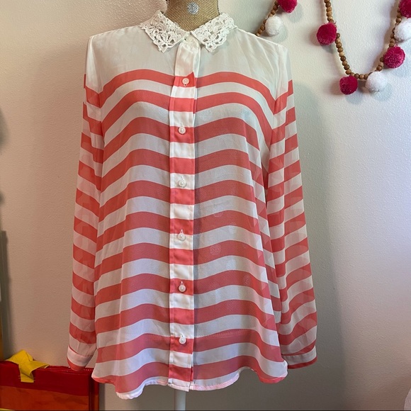 LC Lace Peterpan Collar Horizontal Coral Stripe Button Long sleeve XL Blouse - Picture 9 of 9